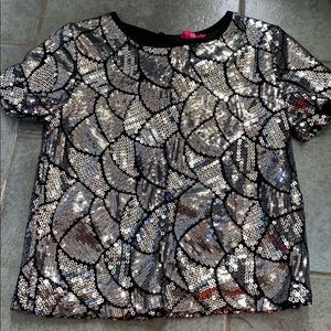 Scalloped sequined silver and black top